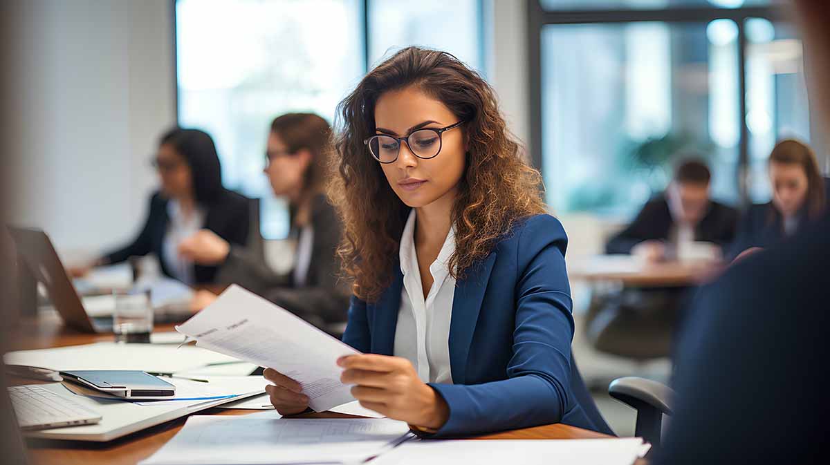 A young businesswoman wearing glasses is sitting at a desk looking at paperwork.