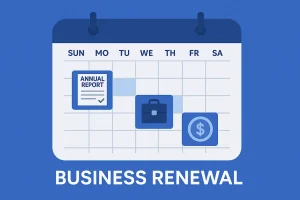 Business renewal calendar showing annual report filing deadline, franchise tax payment, and business compliance scheduling