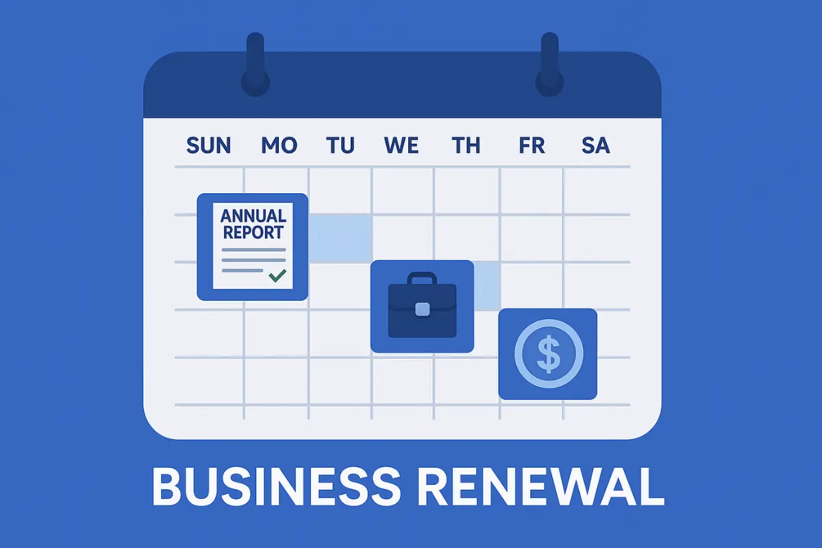 what-is-business-renewal Business renewal calendar showing annual report filing deadline, franchise tax payment, and business compliance scheduling
