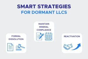 Smart strategies for managing dormant LLC showing options for formal dissolution, maintaining minimal compliance, and business reactivation