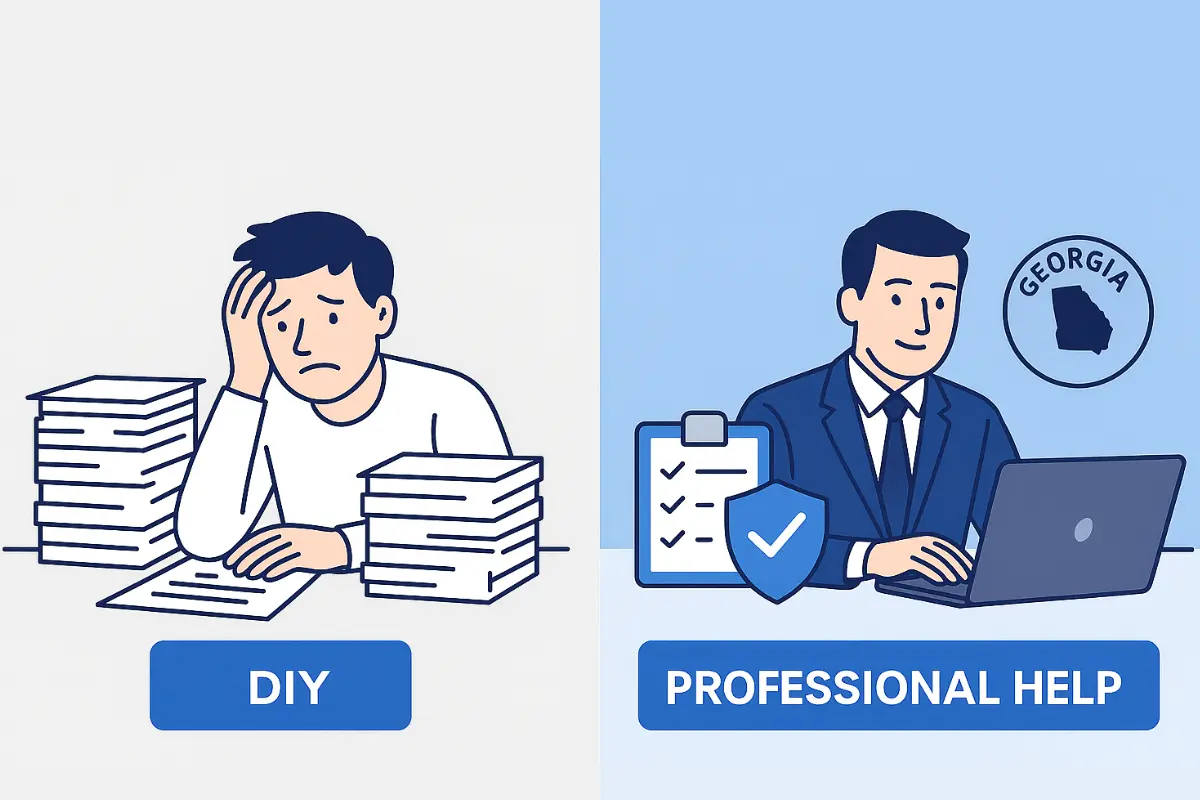 Georgia LLC reinstatement comparison showing DIY paperwork stress versus professional help with compliance checklist.