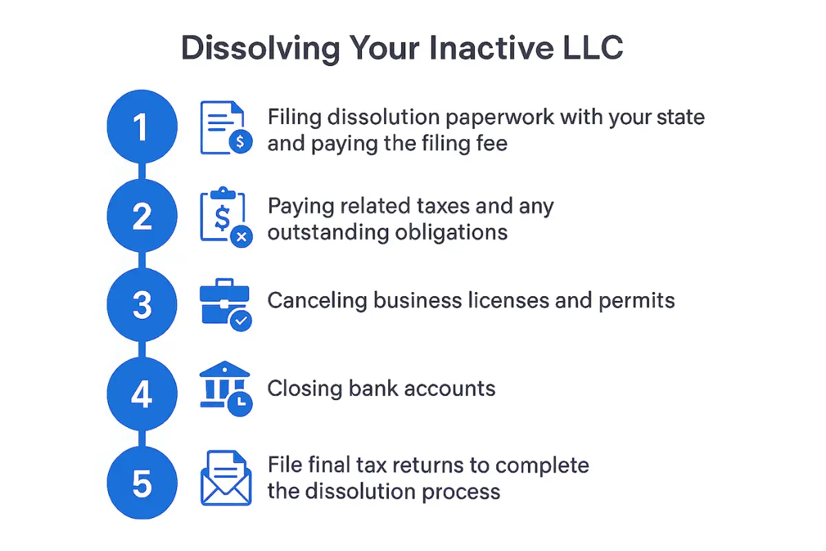 Step-by-step process for dissolving inactive LLC including filing paperwork paying taxes and closing accounts.