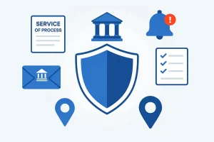 What does a registered agent do infographic showing service of process, legal documents, compliance and location requirements
