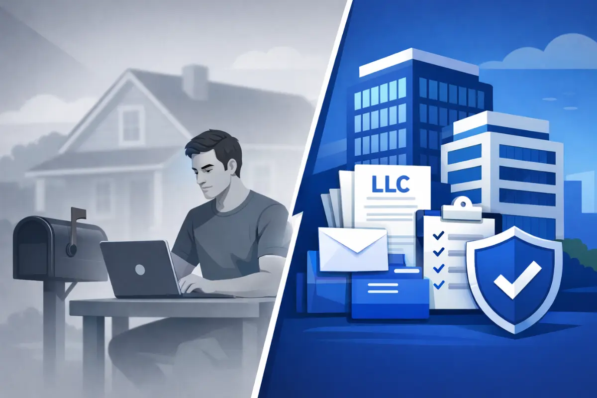 How to avoid using home address for LLC showing comparison between home and professional business address with security