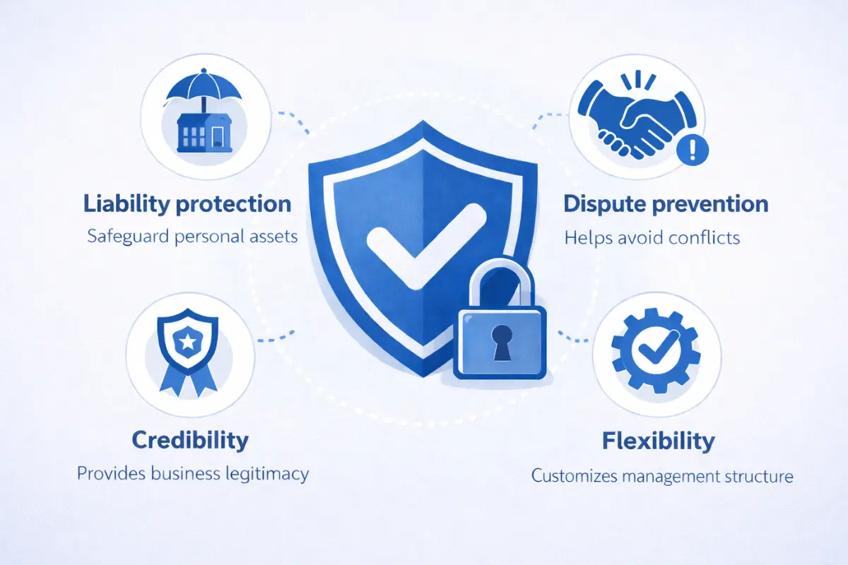 Benefits of operating agreement for LLC showing liability protection dispute prevention credibility and flexibility as reasons why an LLC needs an operating agreement