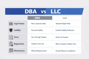 DBA vs LLC comparison chart showing what is a DBA vs LLC including legal status liability taxes registration costs and pros and cons of DBA vs LLC.