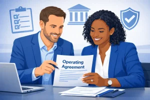 LLC members reviewing operating agreement vs LLC agreement document showing is an operating agreement required for an LLC and LLC ownership agreement requirements