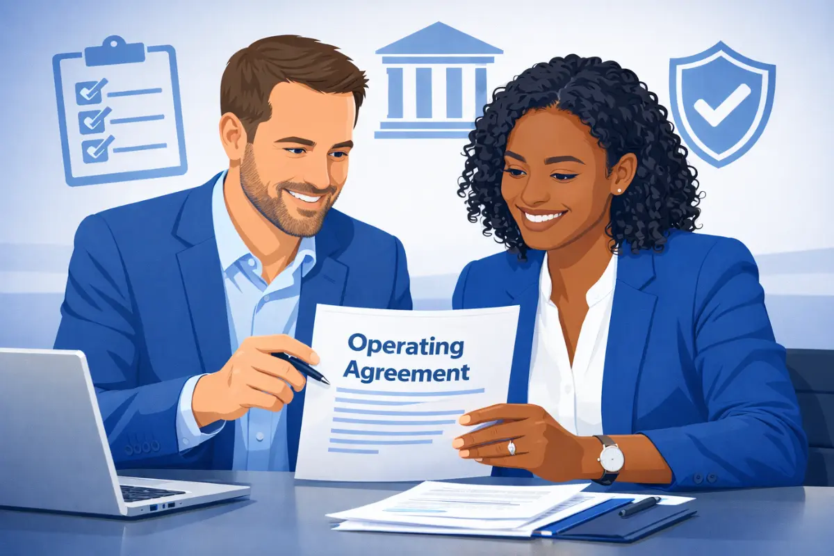 LLC members reviewing operating agreement vs LLC agreement document showing is an operating agreement required for an LLC and LLC ownership agreement requirements