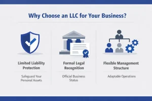 Why choose an LLC for your business showing three key benefits including limited liability protection formal legal recognition and flexible management structure.