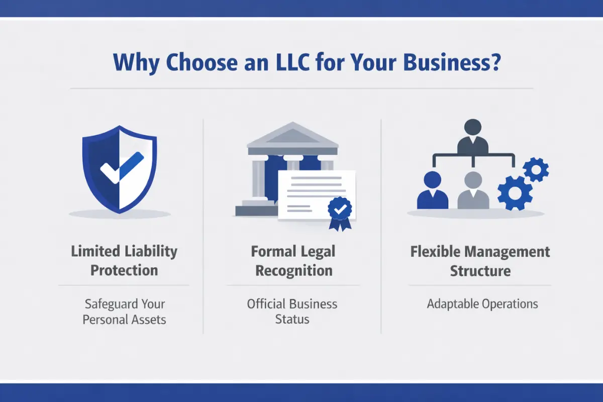 Why choose an LLC for your business showing three key benefits including limited liability protection formal legal recognition and flexible management structure.