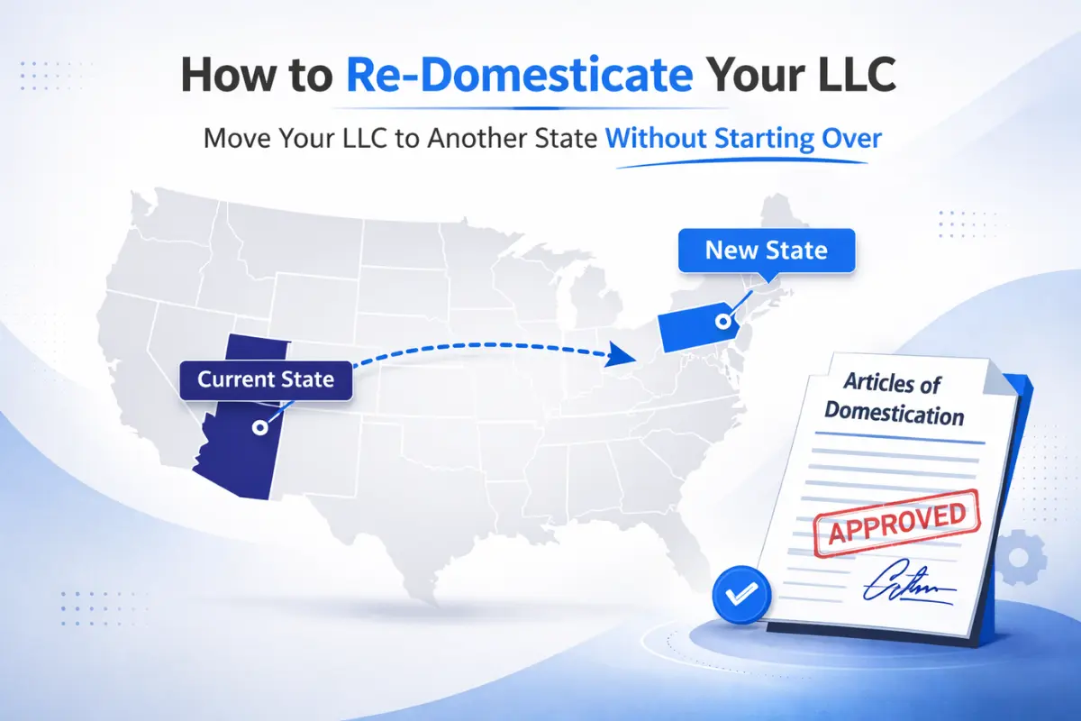 re-domesticate-your-llc Re domesticate your LLC illustration showing business moving from one state to another with articles of domestication