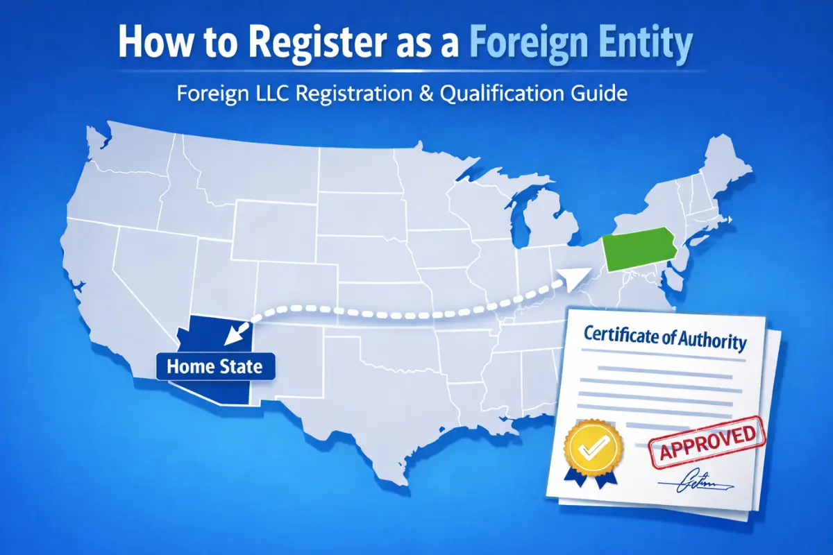 register-as-foreign-entity Register as a foreign entity illustration showing LLC expanding from one state to another with certificate of authority