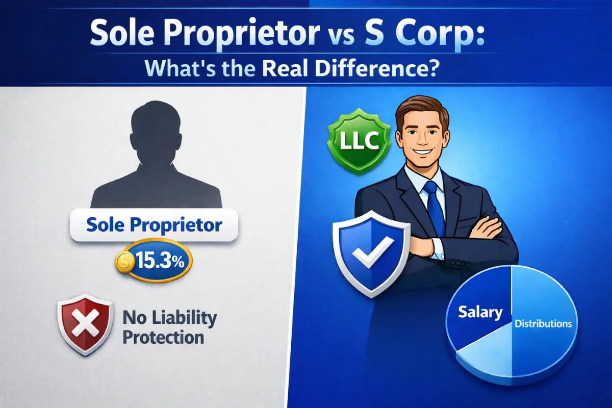 sole-proprietor-vs-s-corp-comparison Sole proprietor vs S Corp comparison showing tax savings and liability protection differences