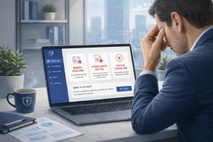 Business owner discovering his LLC has been administratively dissolved after missing a compliance deadline and annual report filing, with a dashboard showing missed deadline, compliance notice, and dissolved status alerts