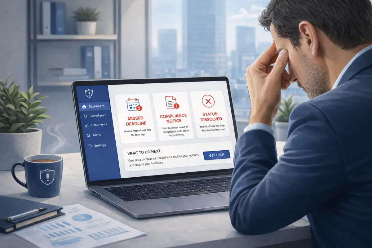 administrative-dissolution Business owner discovering his LLC has been administratively dissolved after missing a compliance deadline and annual report filing, with a dashboard showing missed deadline, compliance notice, and dissolved status alerts