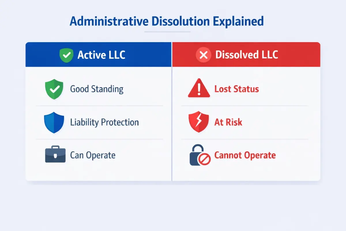 Infographic explaining administrative dissolution showing active LLC in good standing with liability protection versus dissolved LLC with lost status, liability at risk, and inability to legally operate