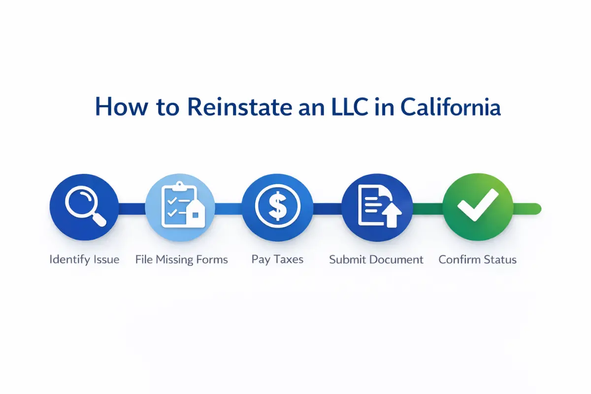 Step-by-step infographic showing how to reinstate an LLC in California including identifying the issue, filing missing statements of information, paying outstanding taxes, submitting the Certificate of Revivor application, and confirming active status