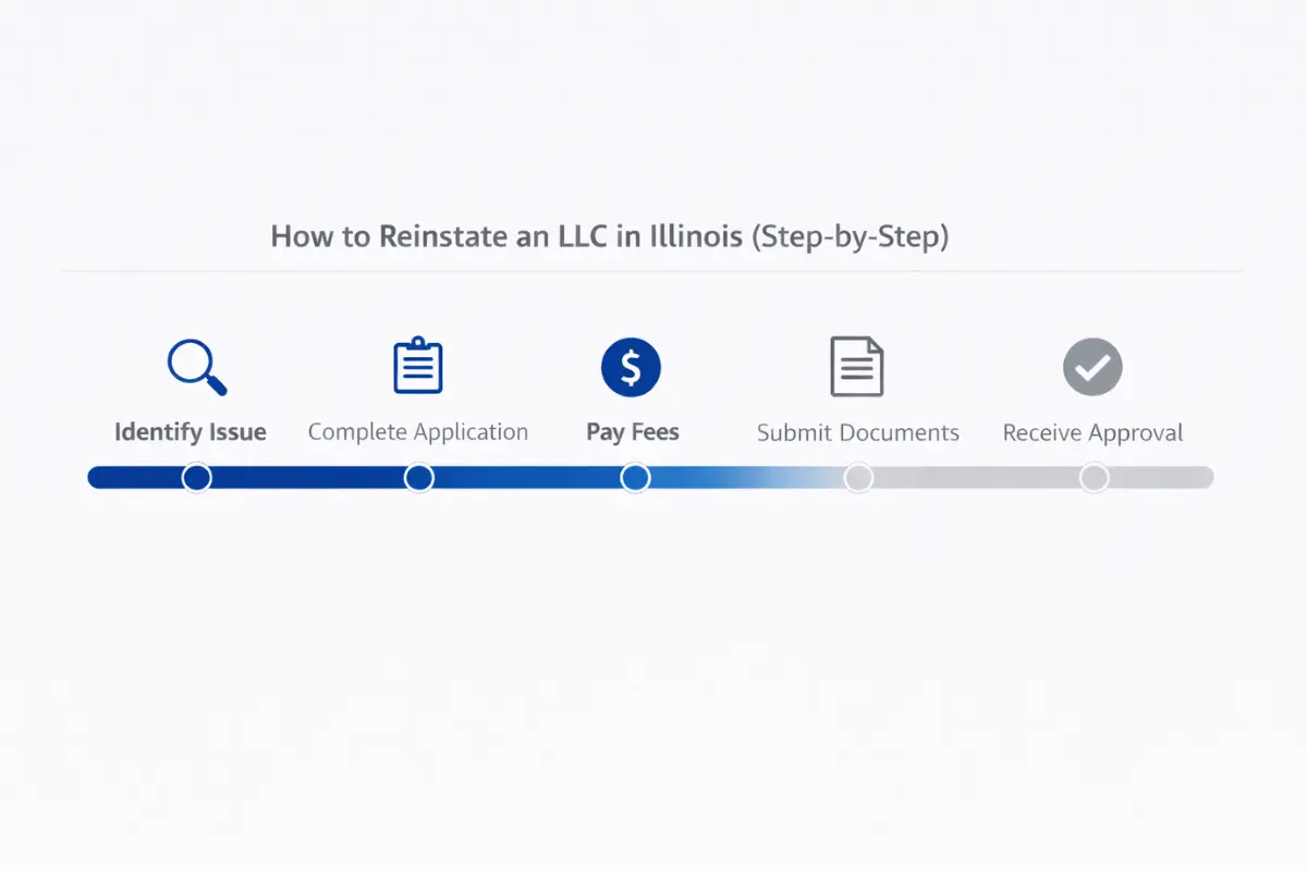 Step-by-step infographic showing how to reinstate an LLC in Illinois through the Illinois Secretary of State including identifying the issue, completing the reinstatement application, paying fees, submitting documents, and receiving approval