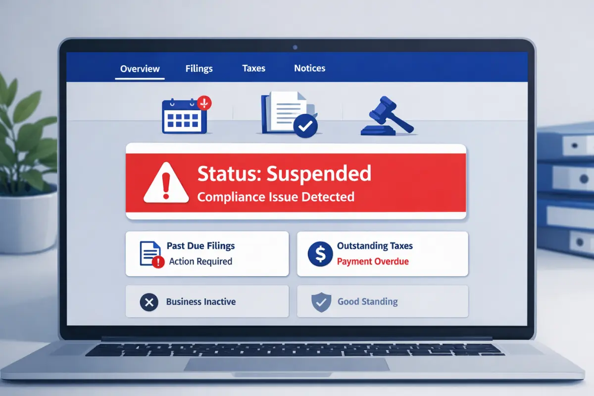 California LLC compliance dashboard showing suspended status with compliance issue detected, past due filings requiring action, outstanding taxes with payment overdue, and business inactive warning for an LLC needing reinstatement