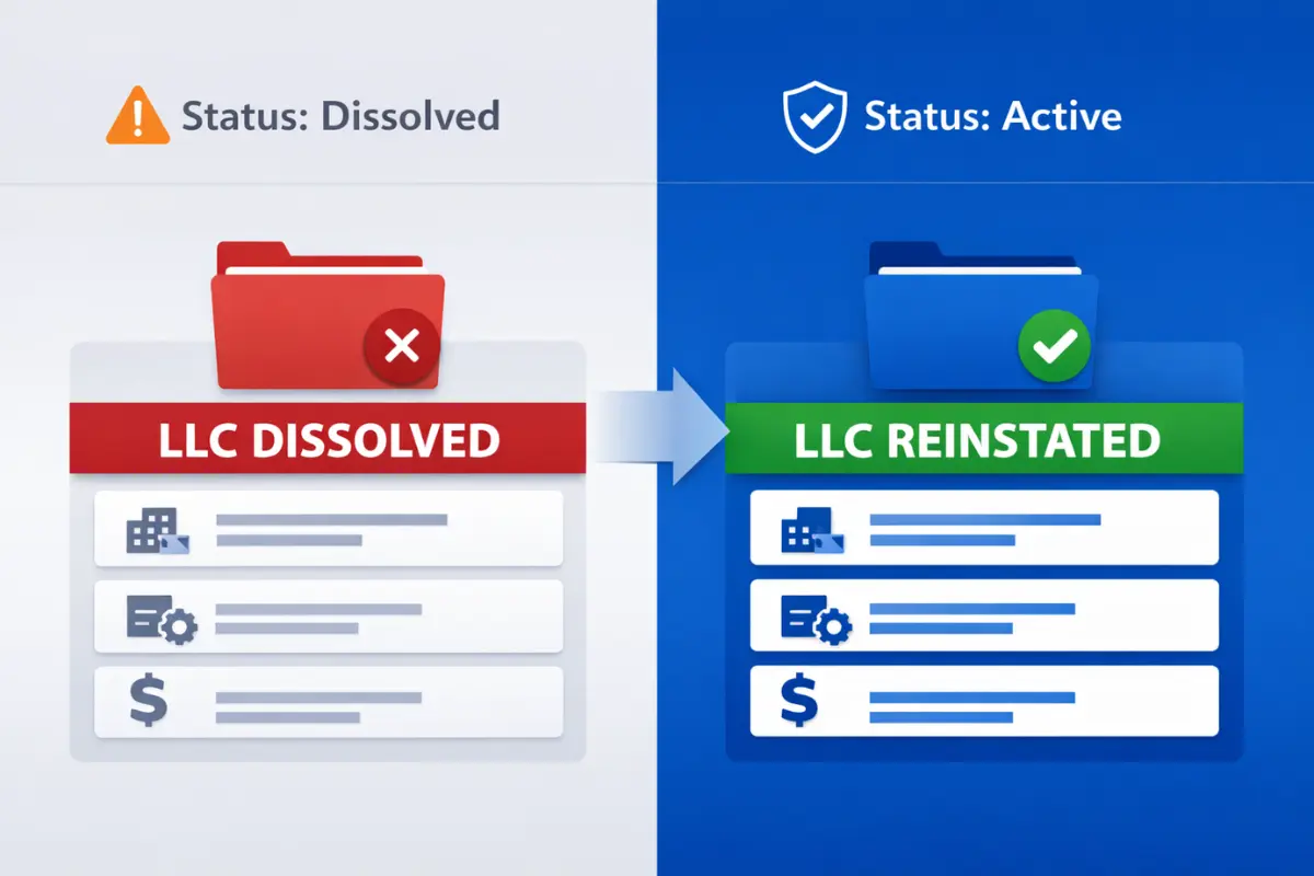 Infographic showing Illinois LLC status change from dissolved to reinstated and active after completing the Illinois LLC reinstatement process and filing the Application for Reinstatement with the Secretary of State
