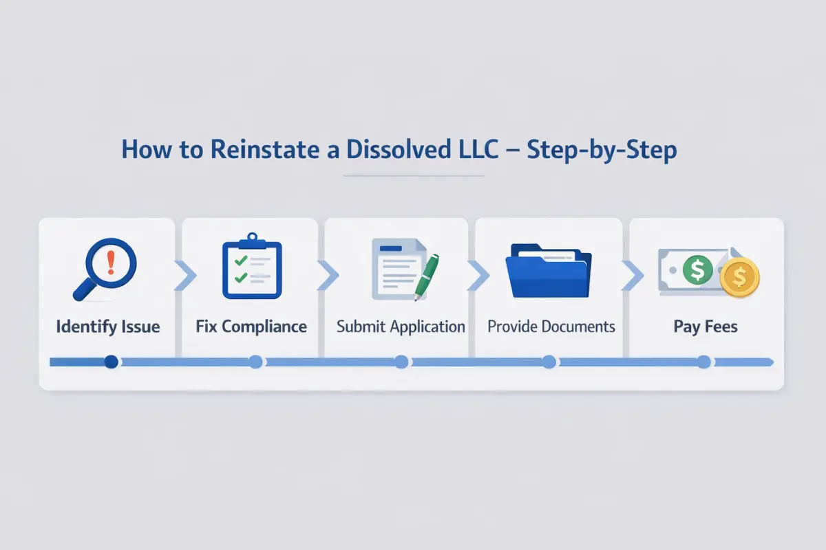 Step-by-step infographic showing how to reinstate a dissolved LLC including identifying the compliance issue, fixing compliance, submitting the reinstatement application, providing required documents, and paying reinstatement fees