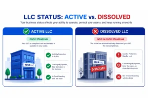 Infographic comparing active LLC in good standing versus administratively dissolved LLC showing that an active LLC has liability protection and can legally operate while a dissolved LLC loses good standing, cannot enter contracts, and may lose personal liability protection