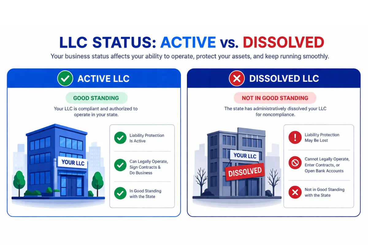 what-is-administrative-dissolution Infographic comparing active LLC in good standing versus administratively dissolved LLC showing that an active LLC has liability protection and can legally operate while a dissolved LLC loses good standing, cannot enter contracts, and may lose personal liability protection