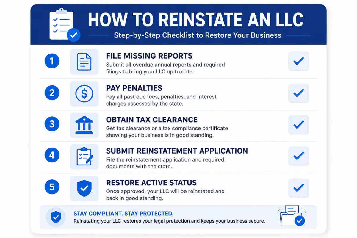 Checklist showing the steps required to reinstate a dissolved LLC