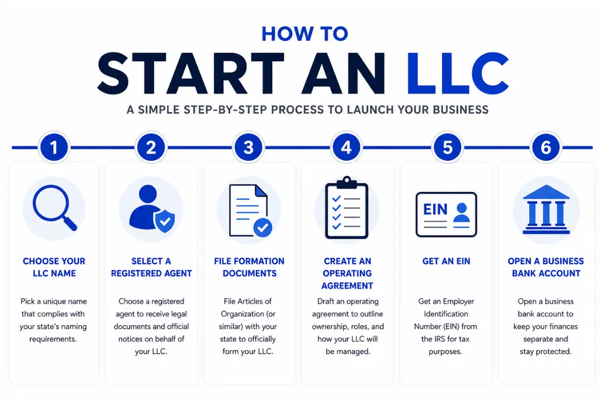 Step-by-step process to start an LLC including naming, filing, and EIN