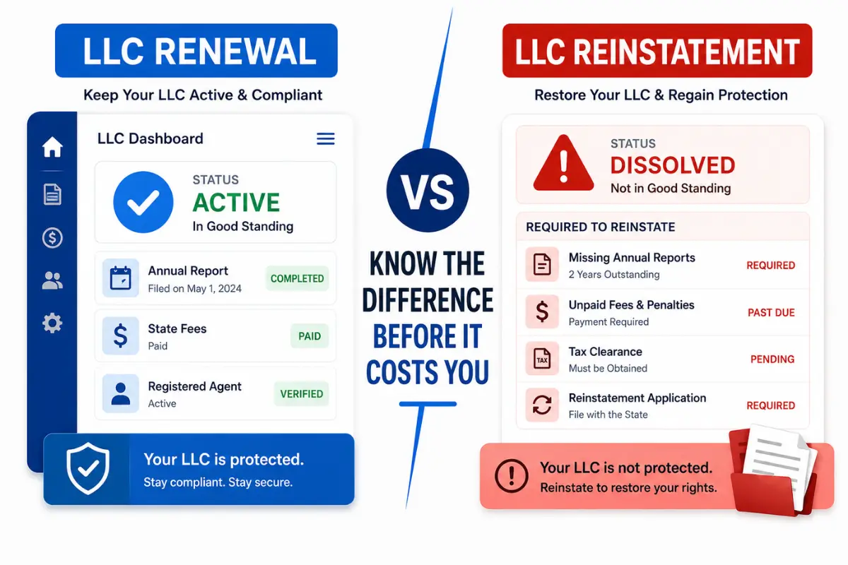 Comparison between LLC renewal and LLC reinstatement showing active status versus dissolved business recovery