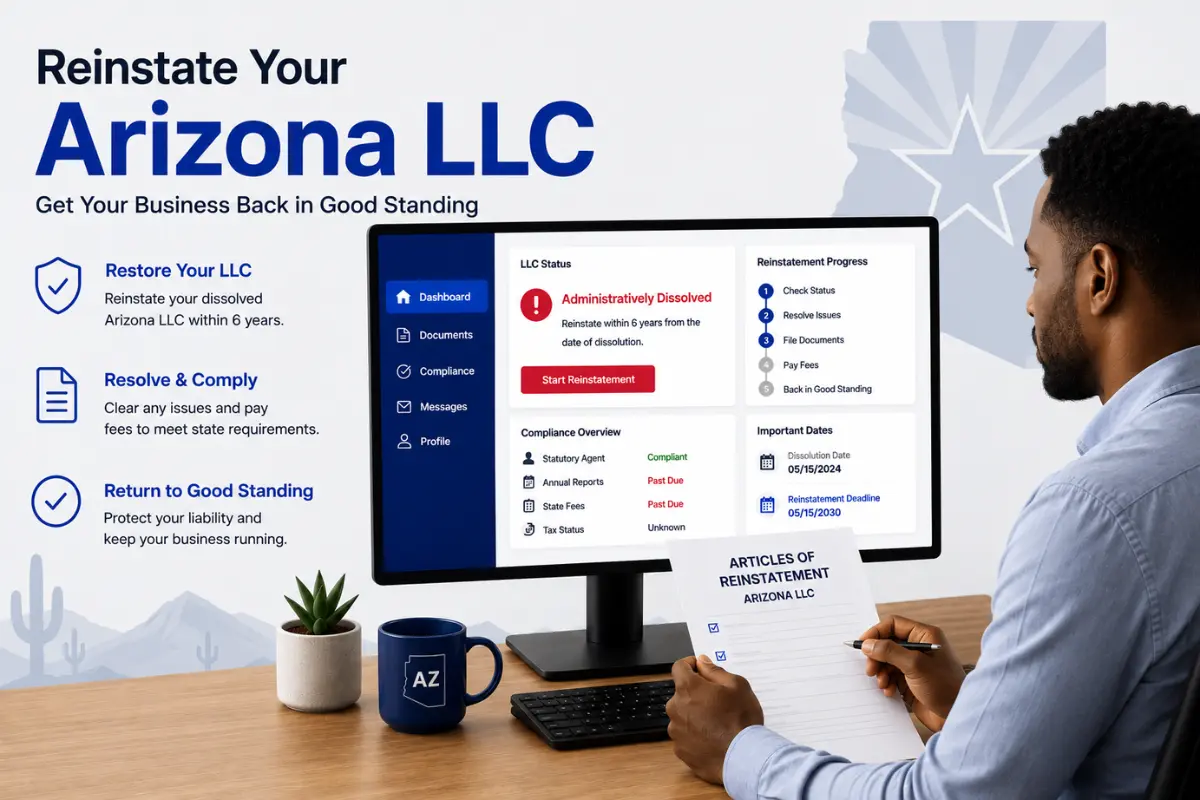Business owner reviewing Arizona LLC reinstatement documents and compliance requirements