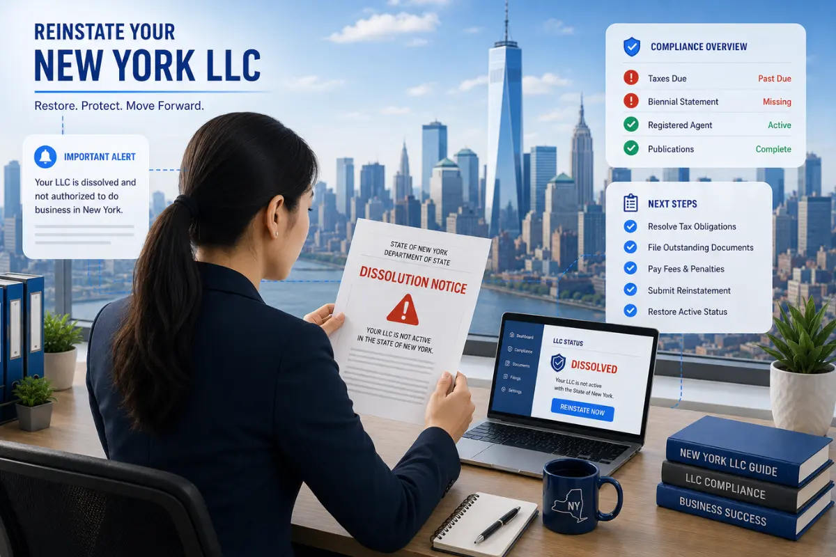 New York LLC reinstatement illustration showing business owner restoring dissolved LLC