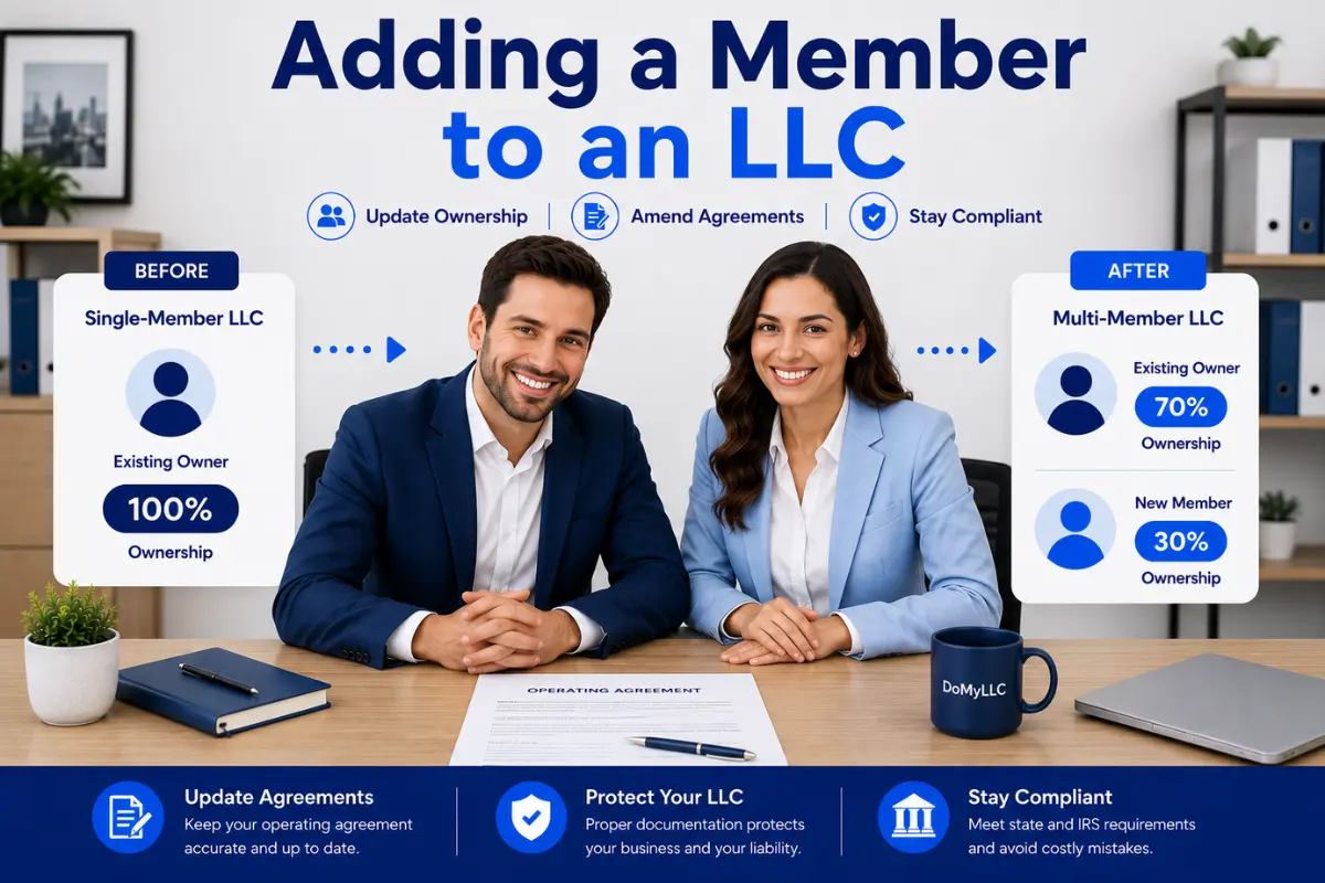 Business owners reviewing an LLC operating agreement while adding a new member and updating ownership percentages