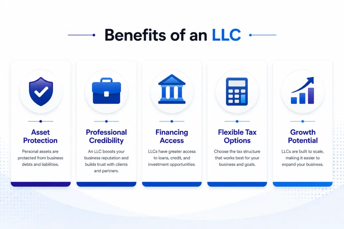 Benefits of an LLC compared to a sole proprietorship including liability protection, financing opportunities, tax flexibility, and business growth