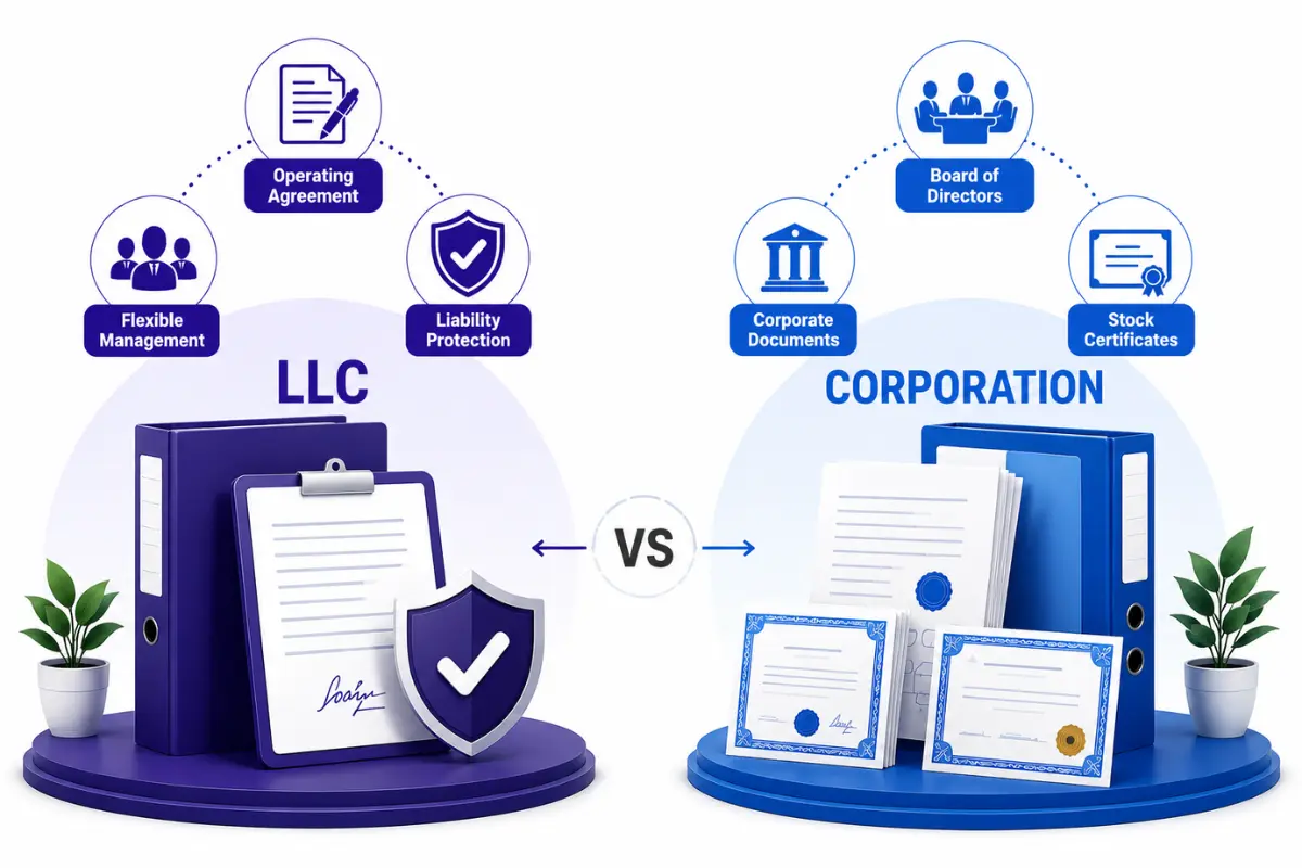 Business owner comparing LLC and corporation business structures for liability protection, taxes, and growth opportunities