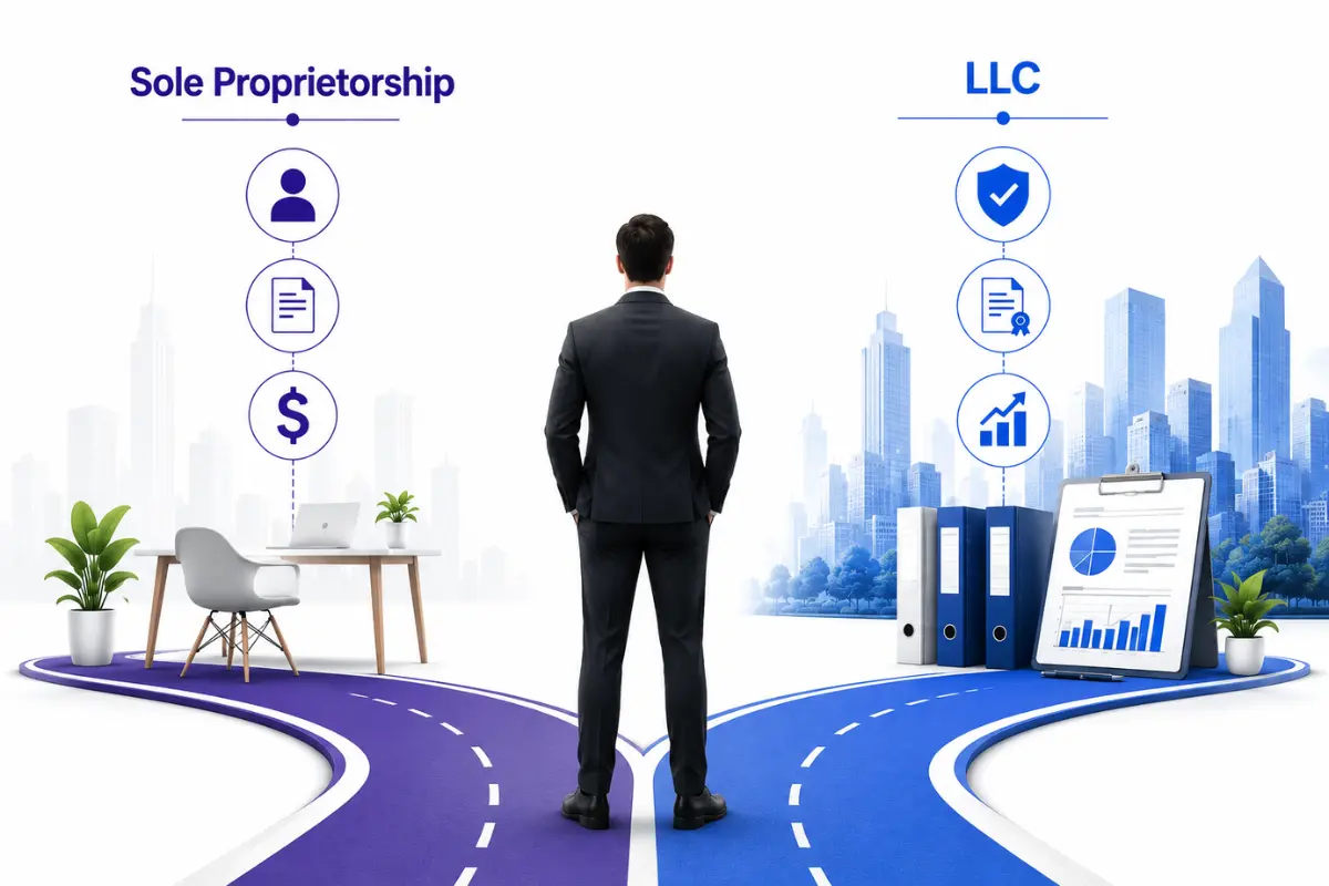 LLC vs sole proprietorship comparison showing liability protection, business growth potential, and startup requirements for small business owners