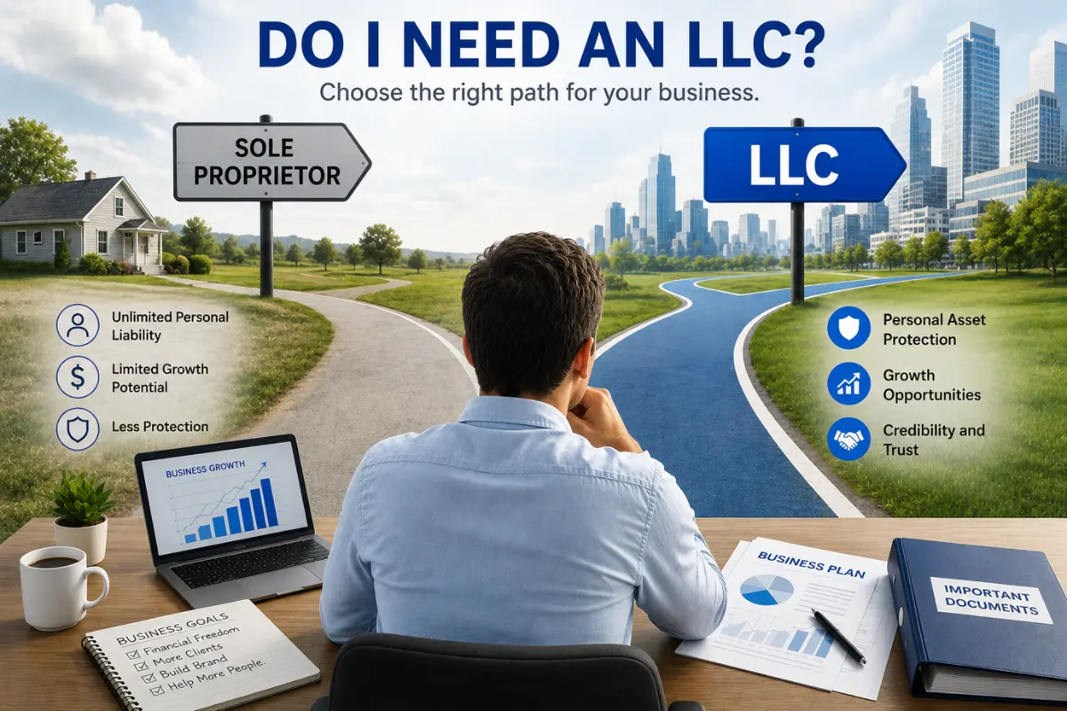 do-i-need-an-llc-decision-guide Entrepreneur deciding whether an LLC is the right business structure