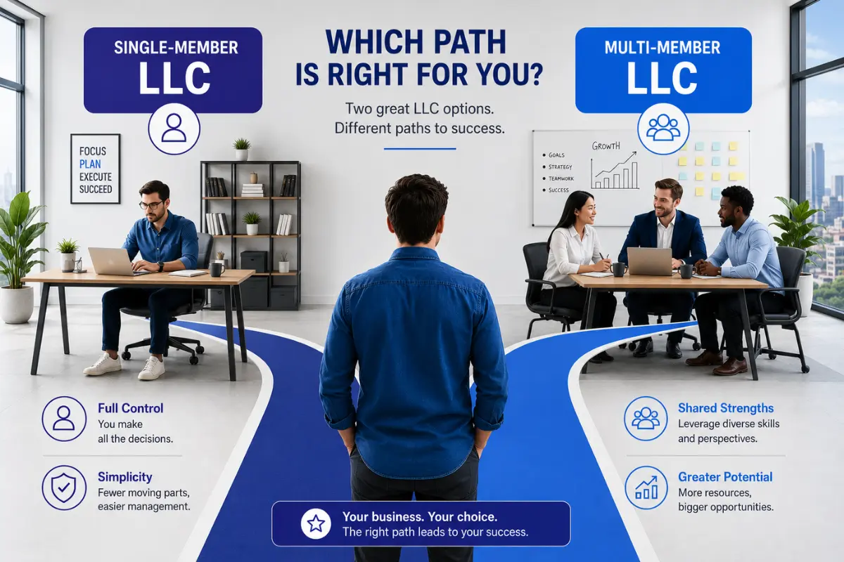 Business owner choosing between a single-member LLC and multi-member LLC business structure